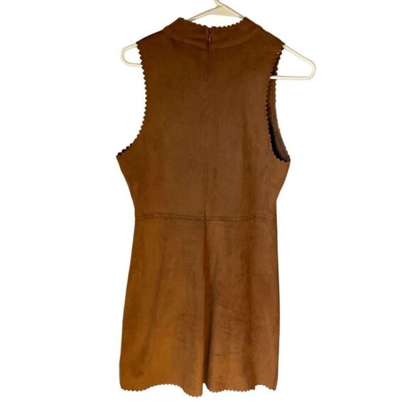 HYFVE Scalloped Hem Mini Dress, Large. Faux Brown Suede. Microfiber. Pretty - Picture 3 of 14
